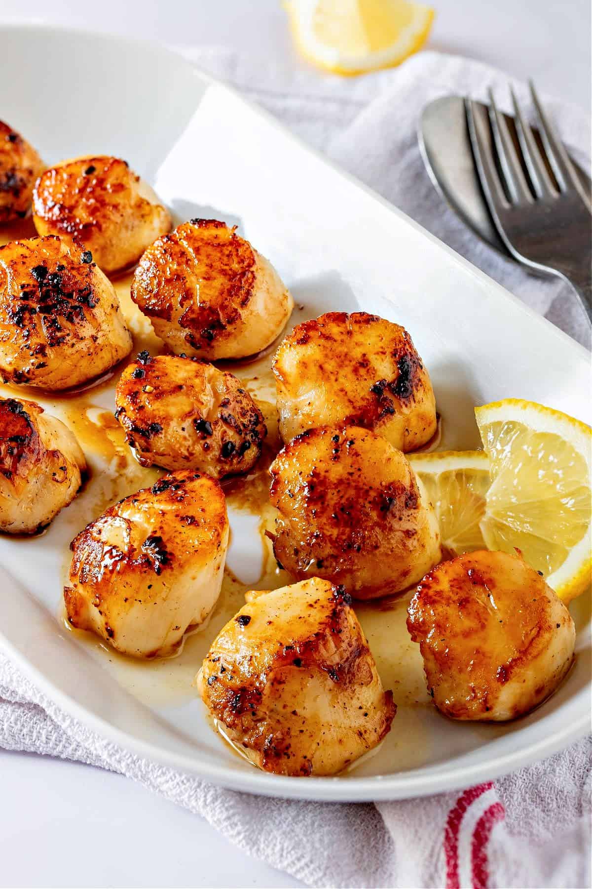 Seared Scallops with lemon on a plate