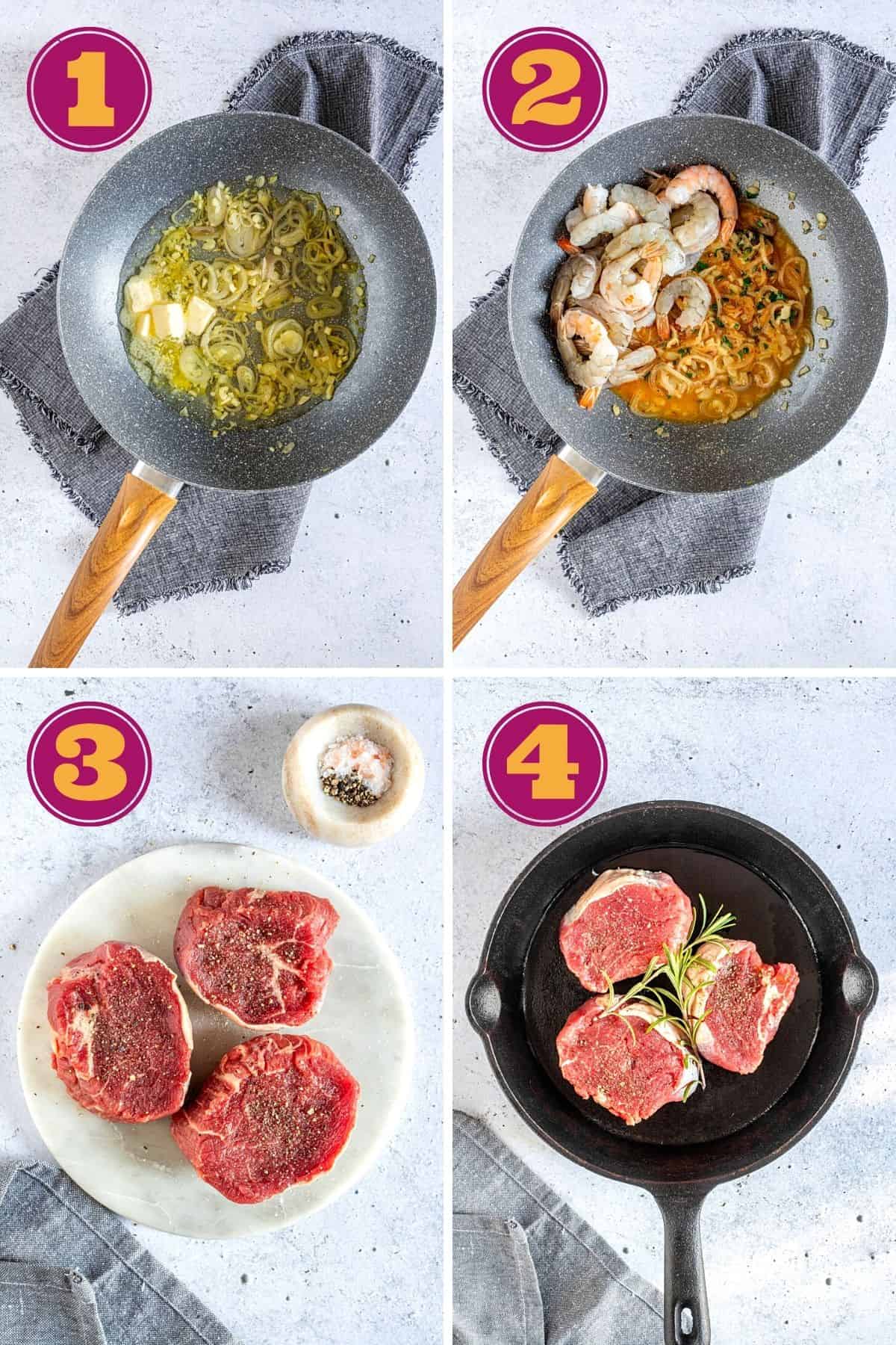 steps to make shrimp scampi and Rosemary Seared Filet Mignon