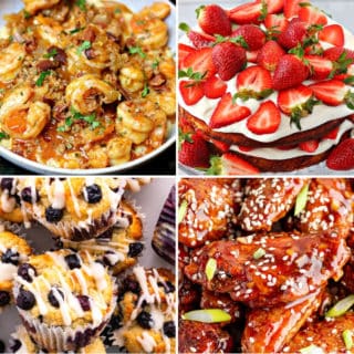 Xanthan Gum recipes like keto shrimp and grits, low carb strawberry shortcake, keto blueberry muffins, and sweet chili wings