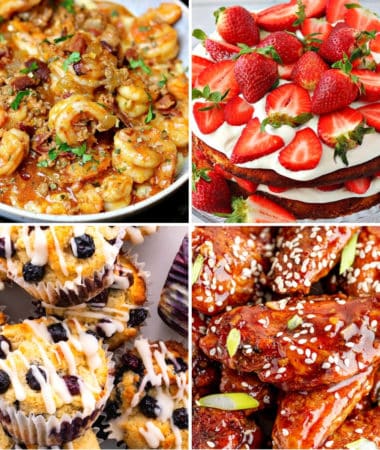Xanthan Gum recipes like keto shrimp and grits, low carb strawberry shortcake, keto blueberry muffins, and sweet chili wings