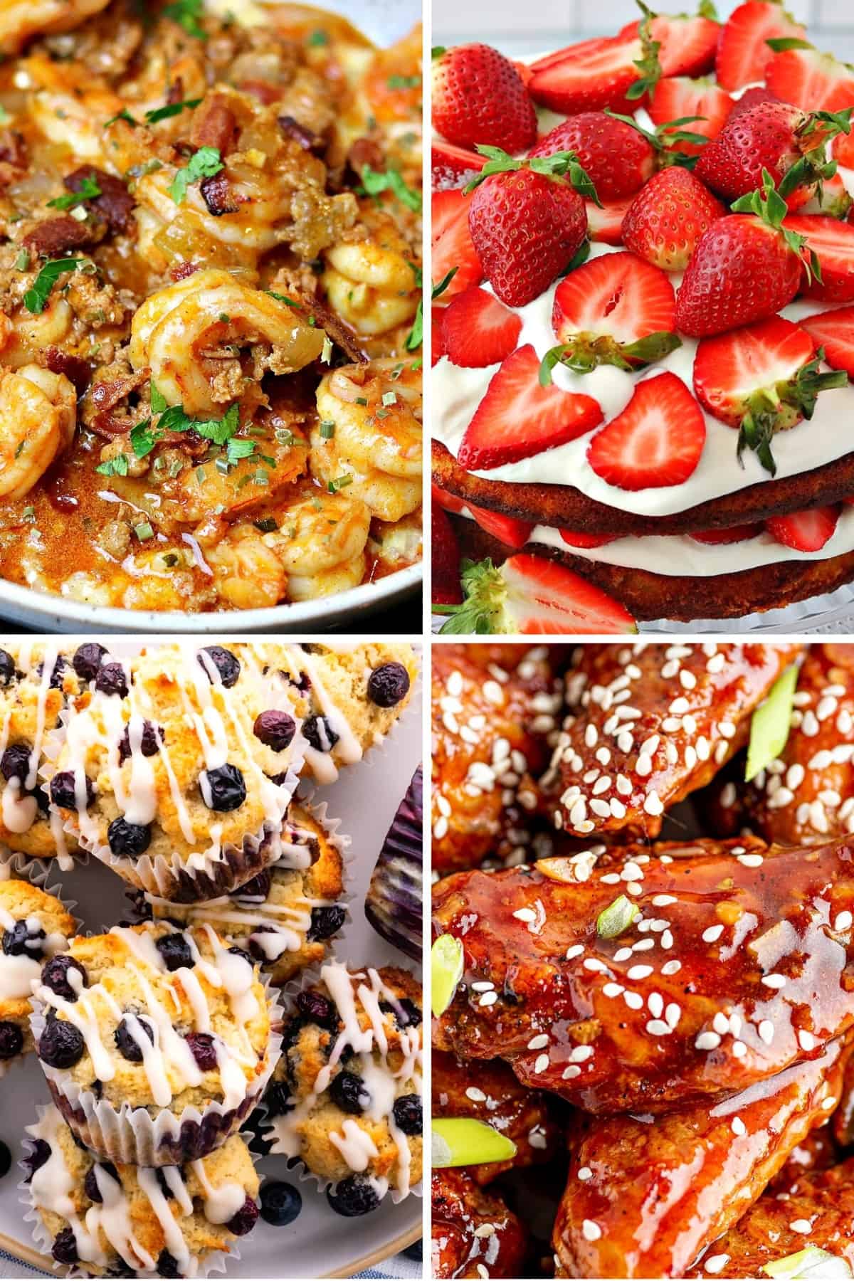 Xanthan Gum recipes like keto shrimp and grits, low carb strawberry shortcake, keto blueberry muffins, and sweet chili wings