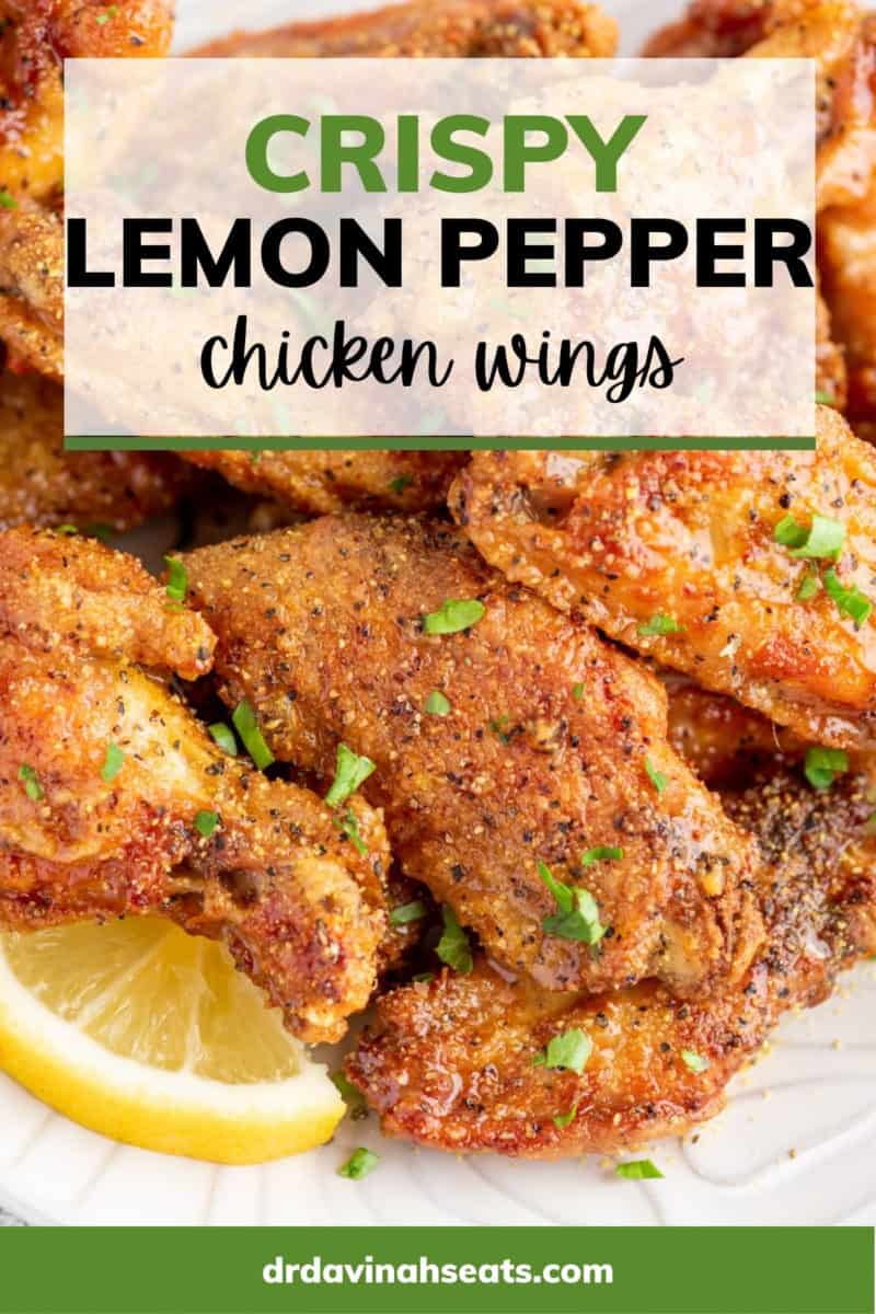 A poster with a picture of lemon pepper wings and a banner that says, "Crispy Lemon Pepper Chicken Wings"