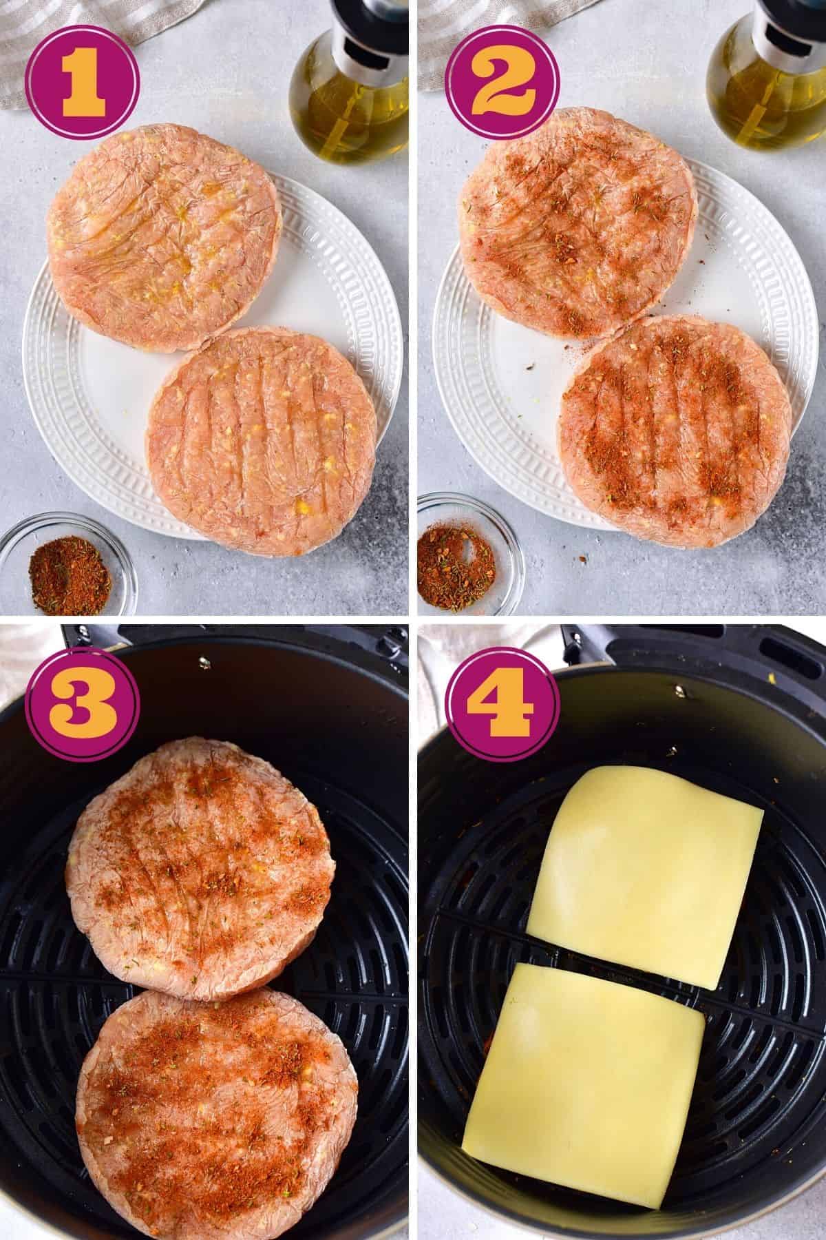 steps to cook Frozen Turkey Burgers in an air fryer with seasoning and cheese