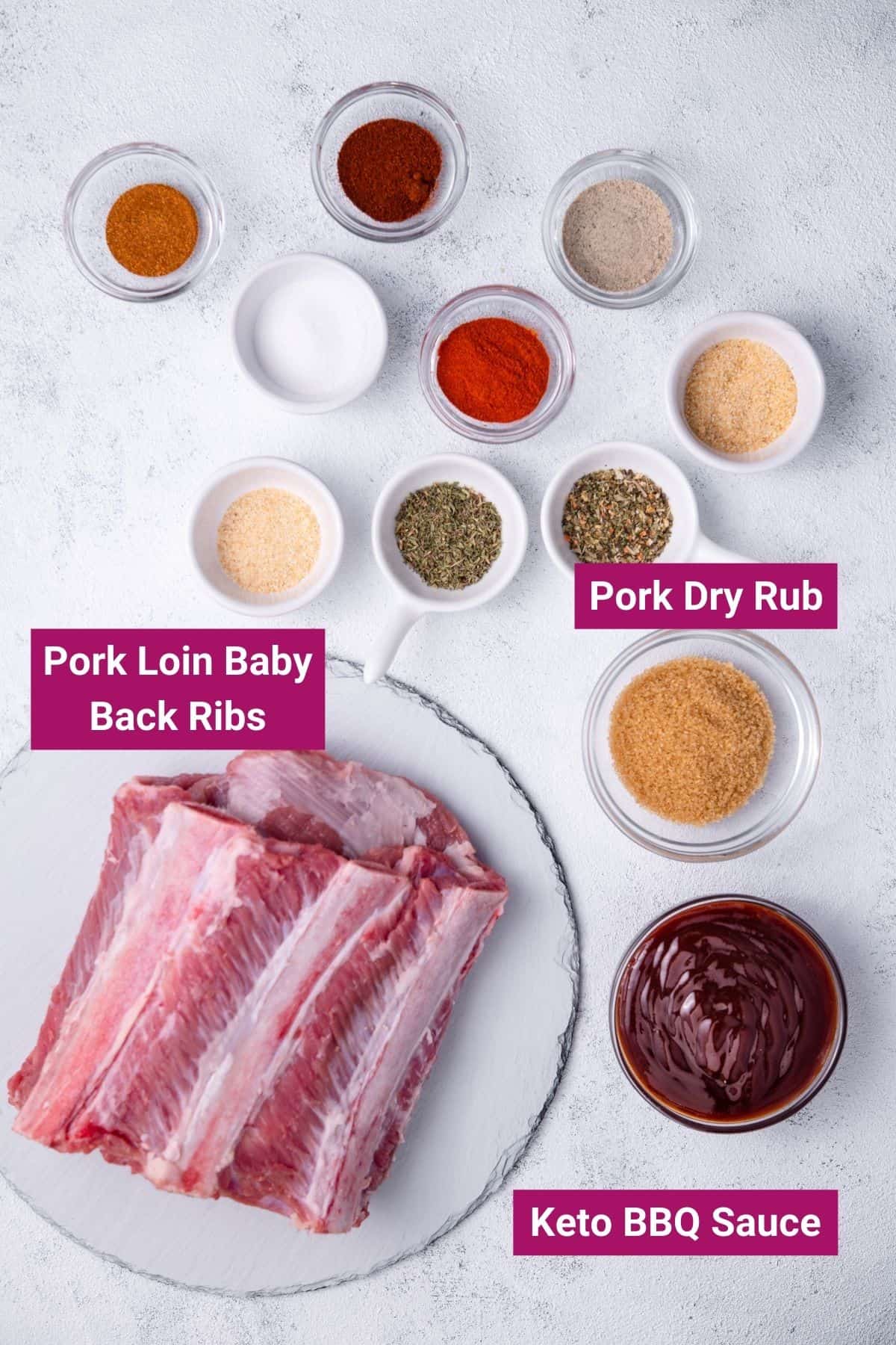 pork dry rub, bbq sauce, pork loin baby back ribs in separate bowls