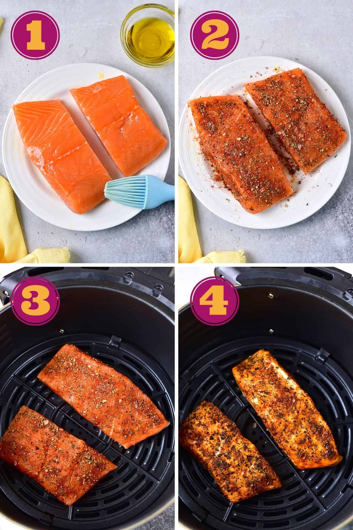 Four numbered pictures: first, two salmon filets on a plate, covered in olive oil, with a kitchen brush and a ramekin of oil; second, two salmon filets on a plate, covered in seasoning; third, two raw seasoned salmon fillets in an air fryer; and fourth, two cooked salmon fillets in an air fryer.