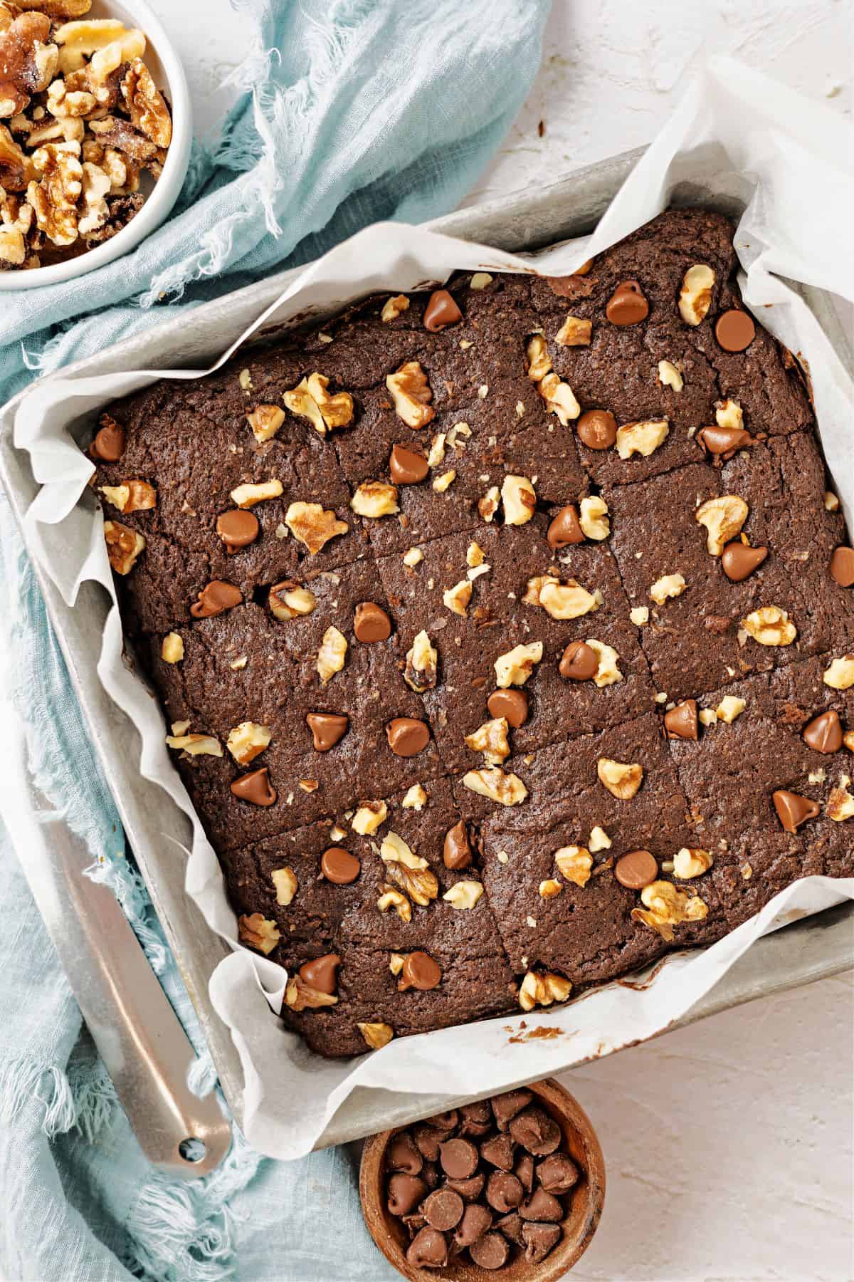 Almond Flour Brownies on a baking tray with parchment paper