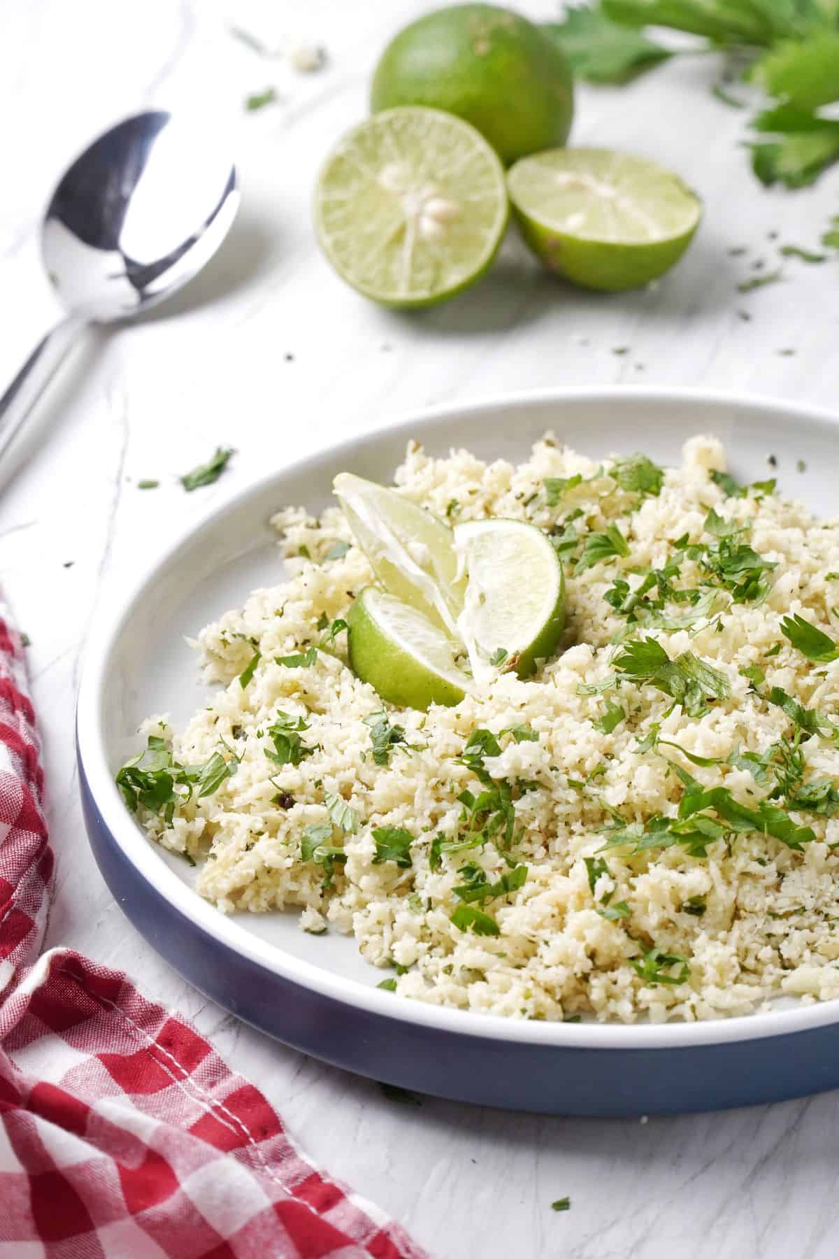 close up shot of Cilantro Lime Cauliflower Rice on a plate