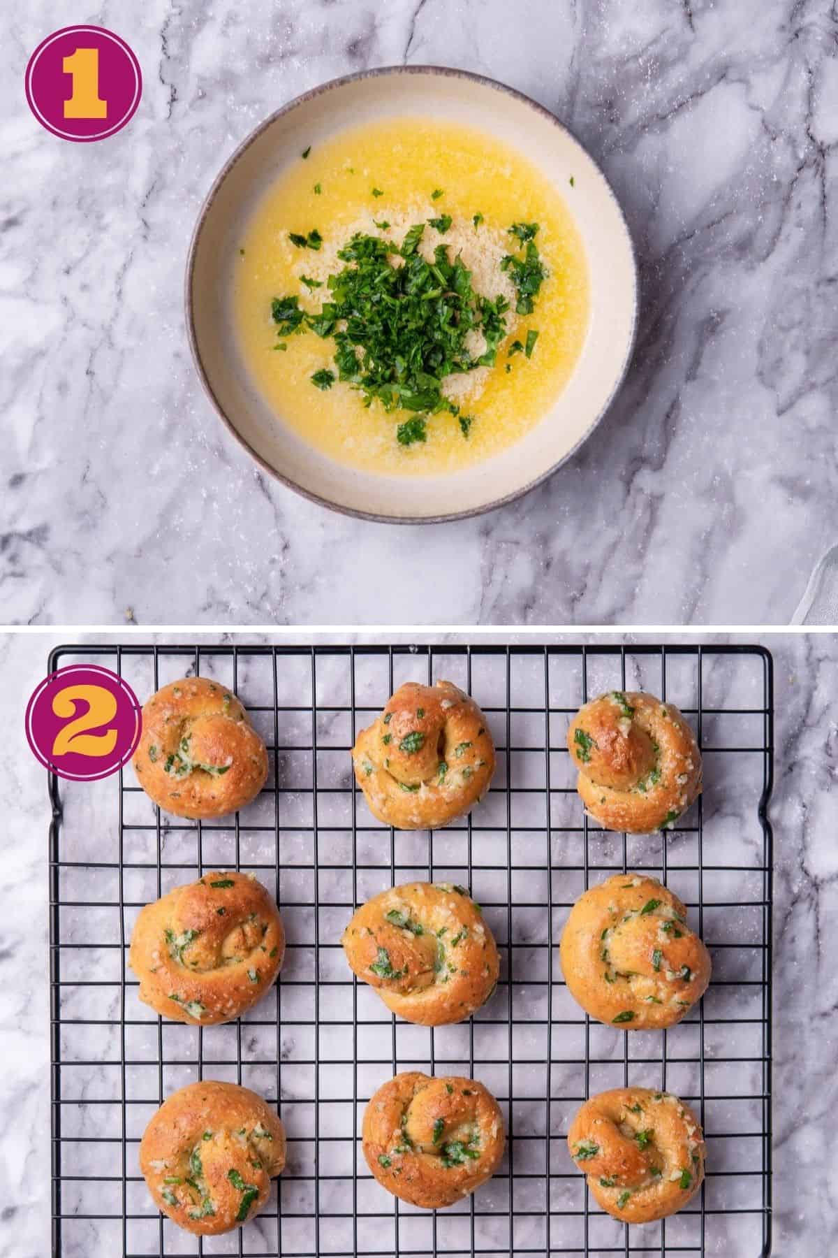 garlic parmesan sauce on a bowl and Garlic Bread Bites on a rack