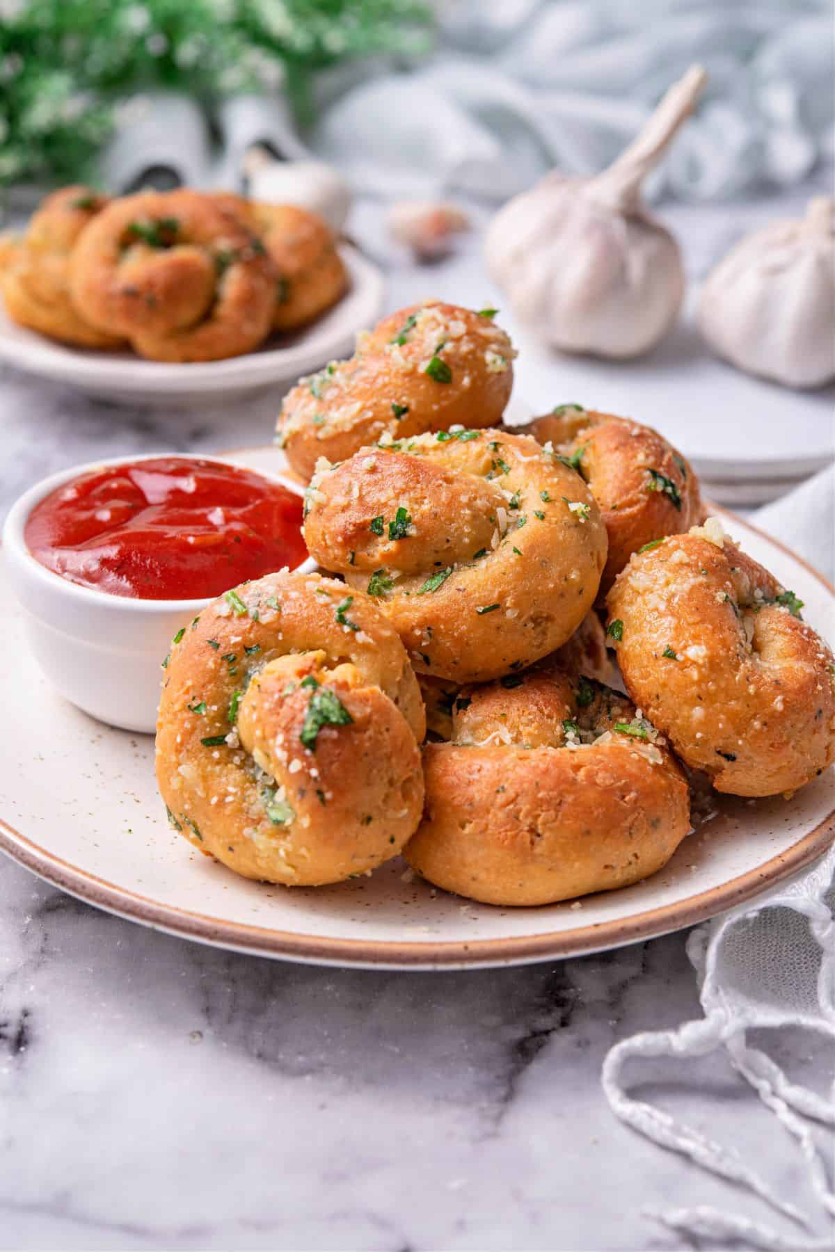 Garlic Bread Bites with marinara sauce on the side