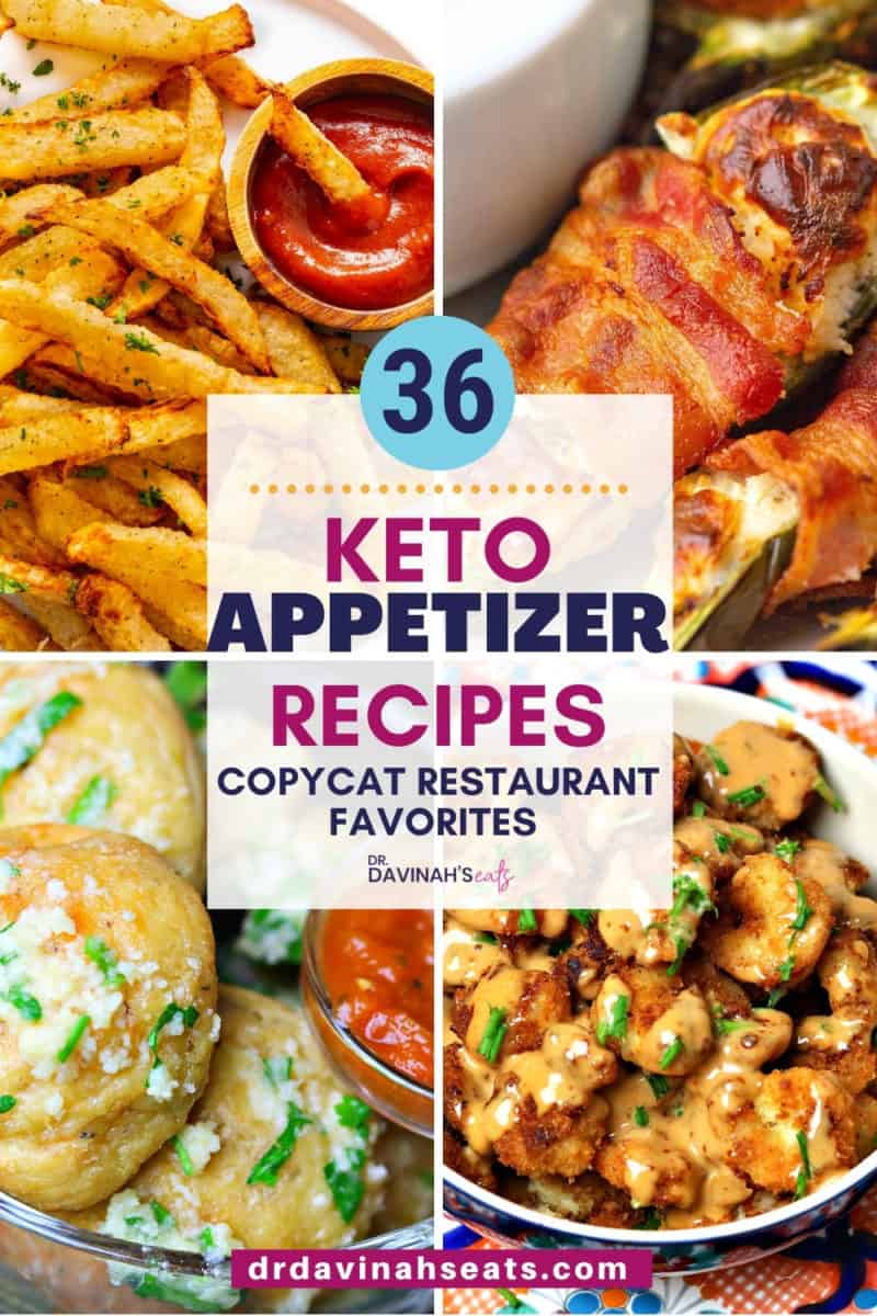 pinterest image for keto appetizers like bang bang shrimp, jicama fries, jalapeño poppers, and keto bread bites