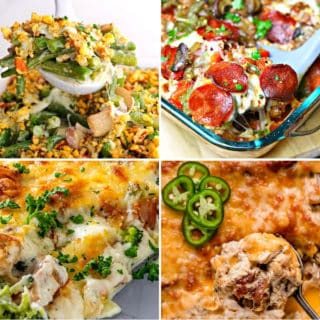 keto casserole recipes like keto green bean casserole, crustless pizza, keto chicken alfredo bake, and chicken popper casserole