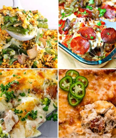 keto casserole recipes like keto green bean casserole, crustless pizza, keto chicken alfredo bake, and chicken popper casserole