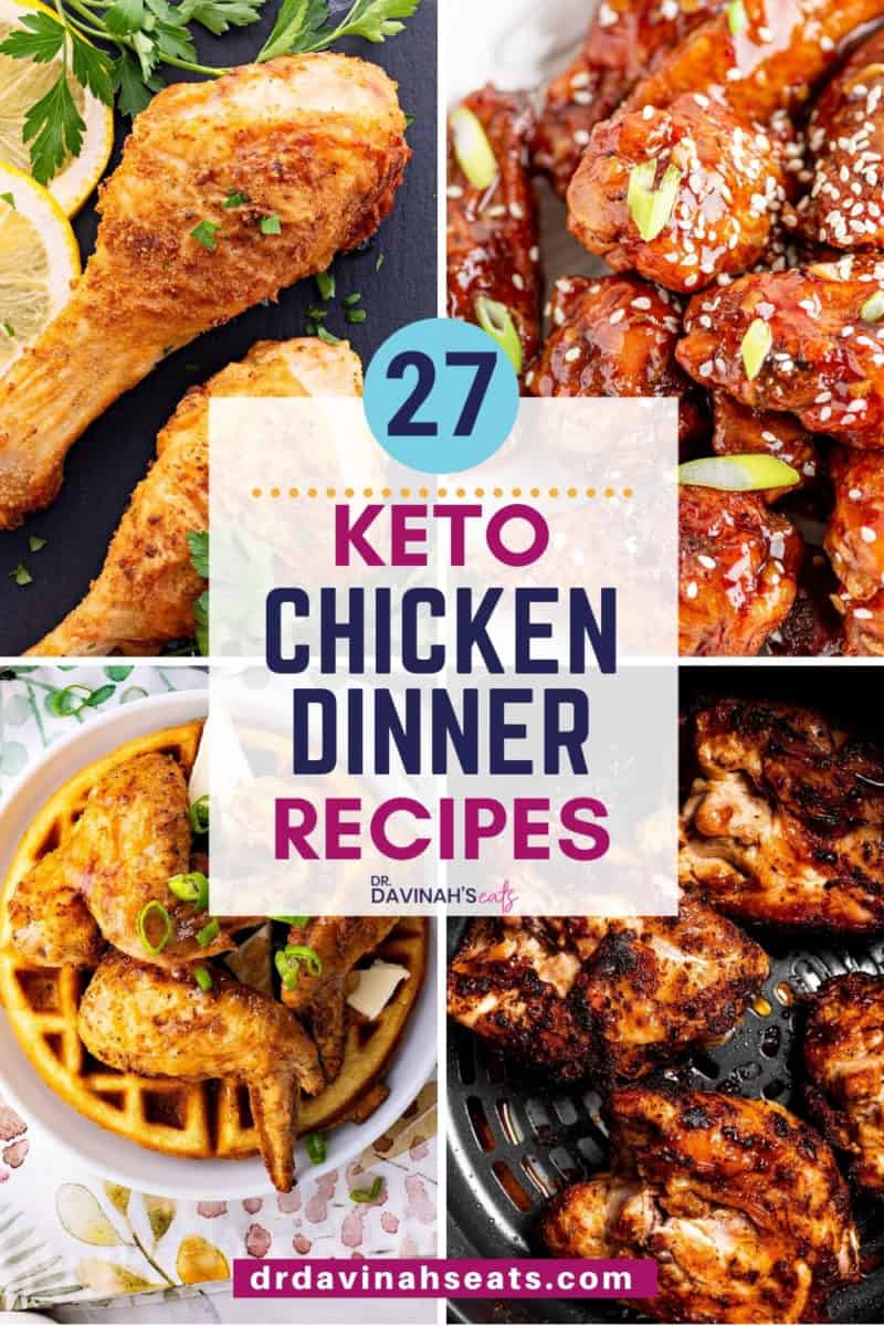 pinterest image for keto chicken dinner recipes like crispy air fryer chicken legs, keto chicken and waffles, dry rub chicken thighs, and keto asian wings