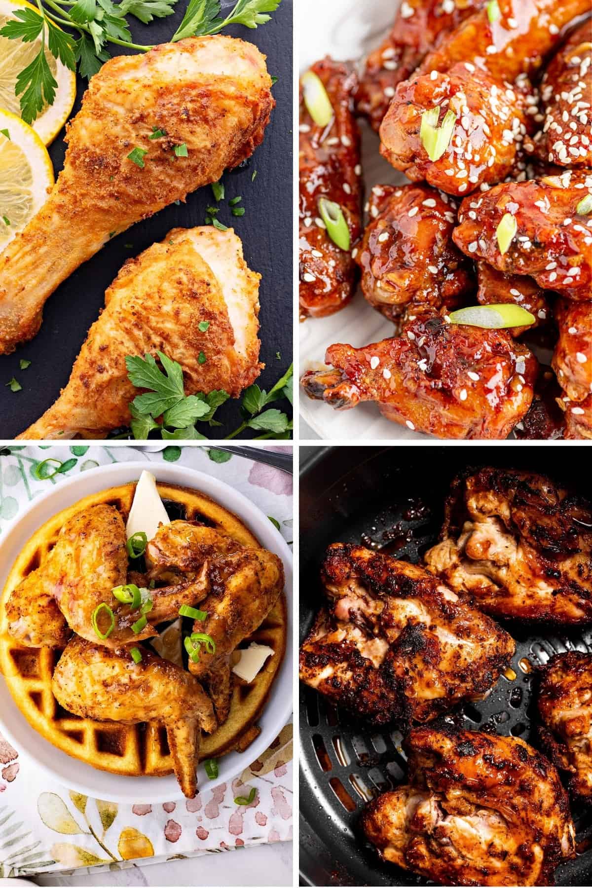 keto chicken dinner recipes like crispy air fryer chicken legs, keto chicken and waffles, dry rub chicken thighs, and keto asian wings