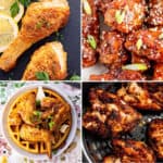 keto chicken dinner recipes like crispy air fryer chicken legs, keto chicken and waffles, dry rub chicken thighs, and keto asian wings