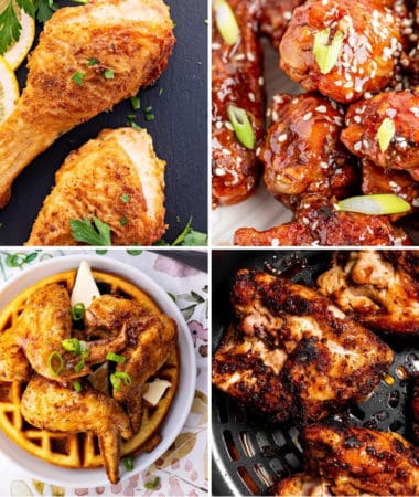 keto chicken dinner recipes like crispy air fryer chicken legs, keto chicken and waffles, dry rub chicken thighs, and keto asian wings