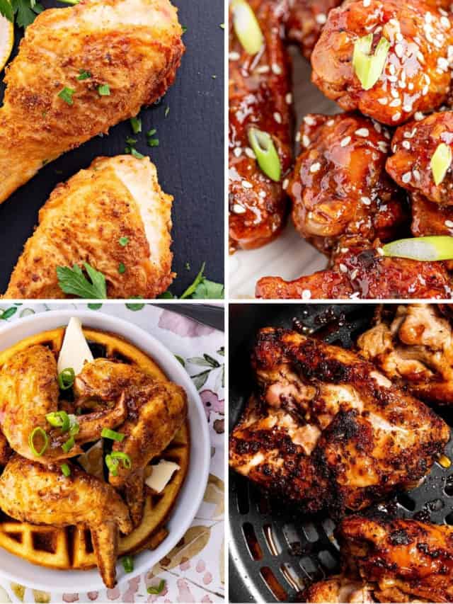 keto chicken dinner recipes like crispy air fryer chicken legs, keto chicken and waffles, dry rub chicken thighs, and keto asian wings