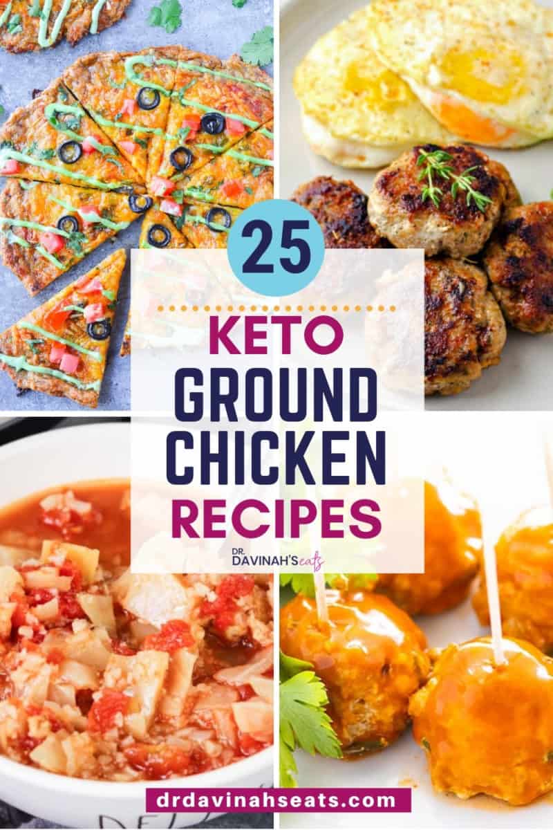 pinterest image for keto ground chicken recipes like chicken crust keto pizza, ground chicken breakfast sausage, buffalo chicken meatballs, and keto cabbage soup