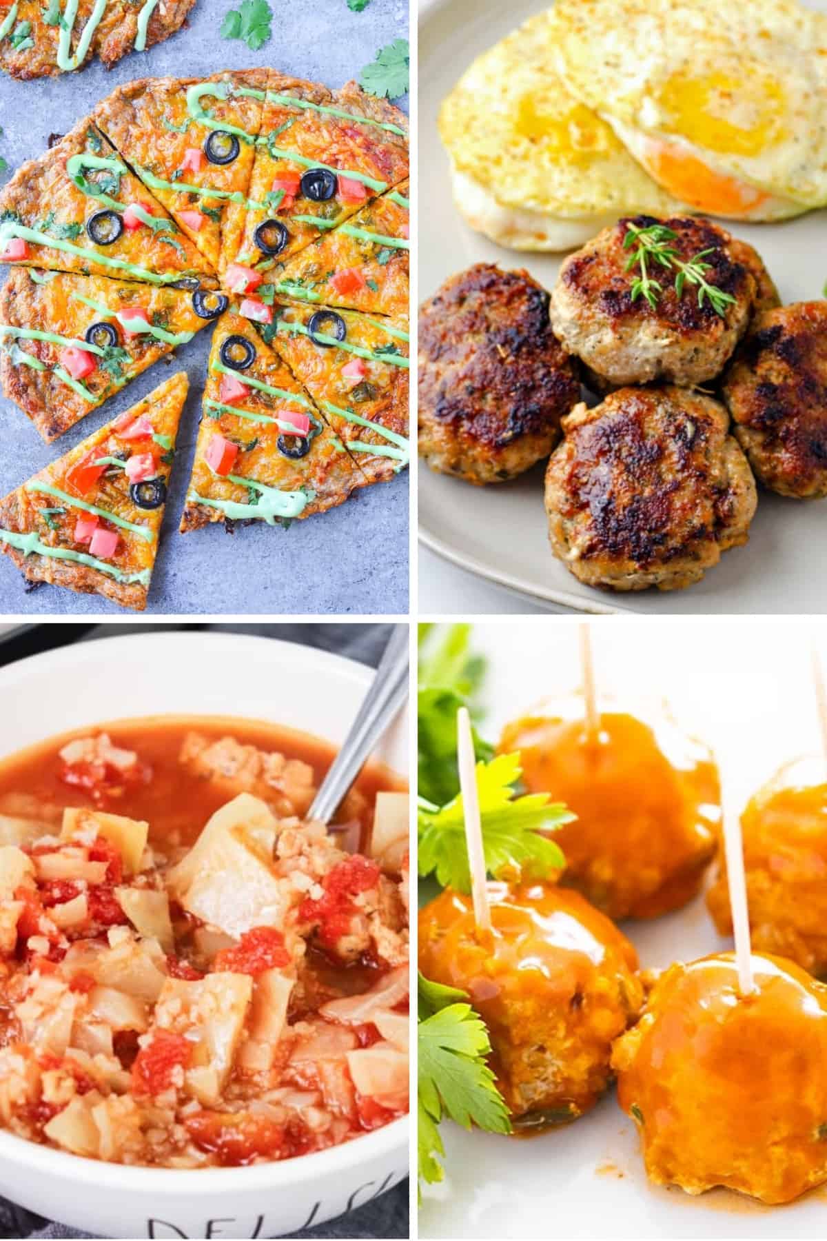 keto ground chicken recipes like chicken crust keto pizza, ground chicken breakfast sausage, buffalo chicken meatballs, and keto cabbage soup