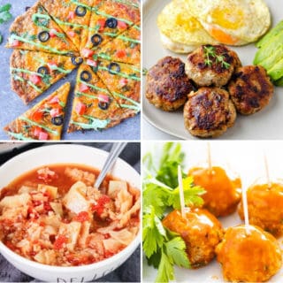 keto ground chicken recipes like chicken crust keto pizza, ground chicken breakfast sausage, buffalo chicken meatballs, and keto cabbage soup