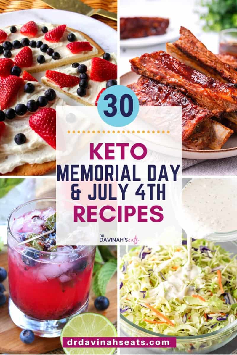 pinterest image for keto Memorial Day and 4th of July recipes like keto ribs, fruit pizza, berry drink, and keto coleslaw