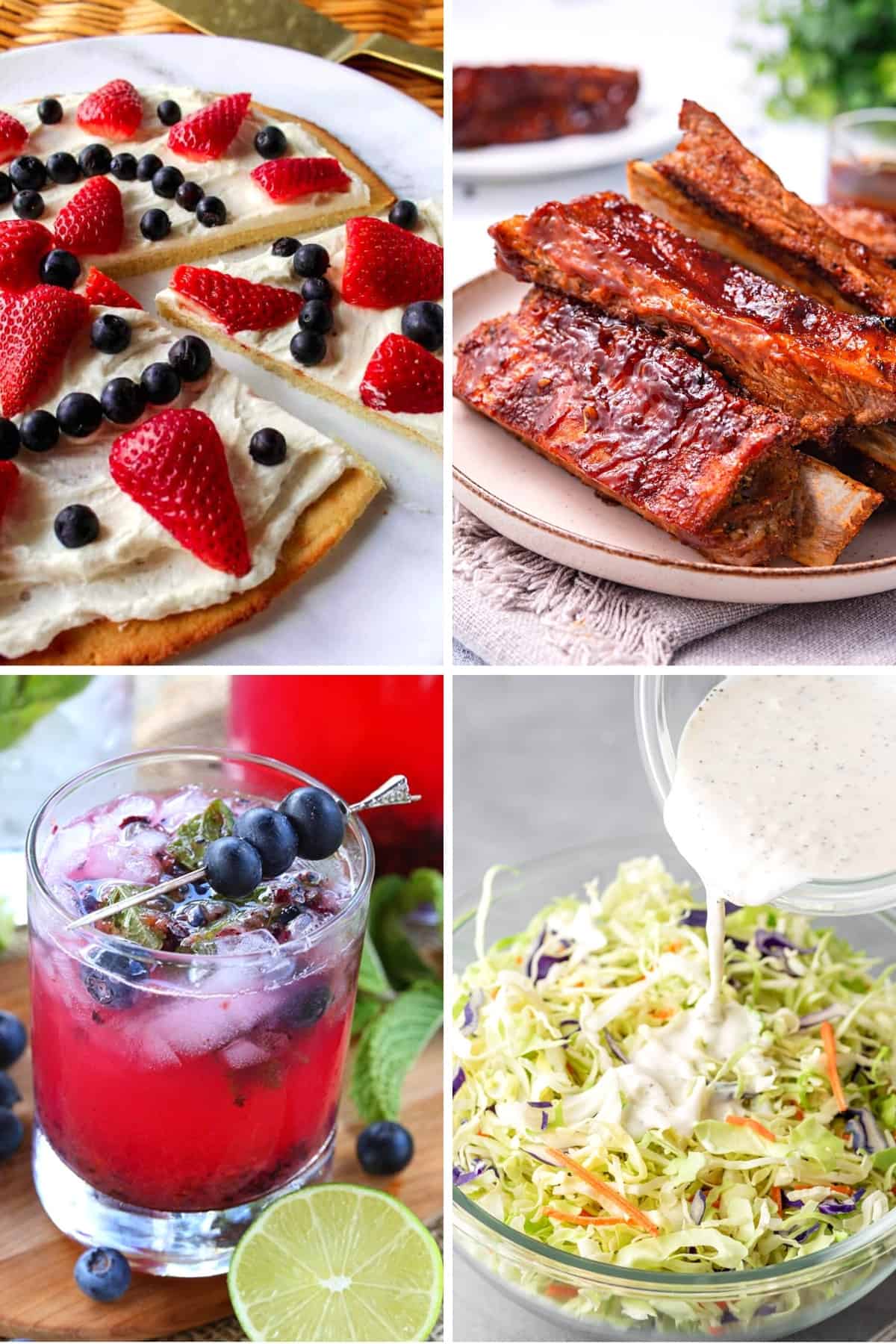 keto Memorial Day and 4th of July recipes like keto ribs, fruit pizza, berry drink, and keto coleslaw