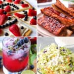 keto Memorial Day and 4th of July recipes like keto ribs, fruit pizza, berry drink, and keto coleslaw