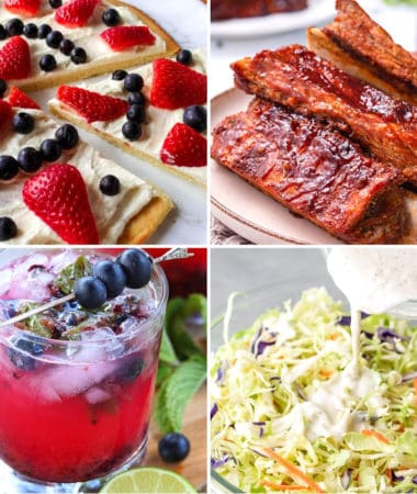 keto Memorial Day and 4th of July recipes like keto ribs, fruit pizza, berry drink, and keto coleslaw