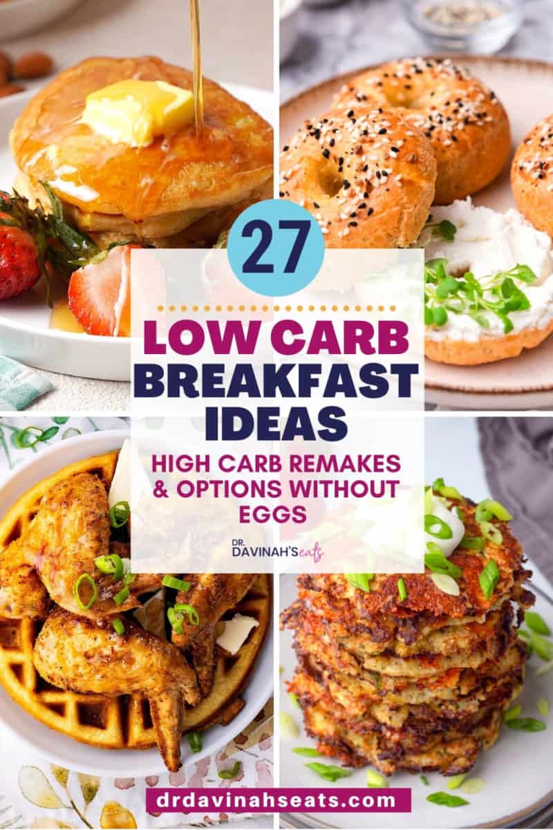 pinterest image for low carb breakfast ideas including keto pancakes, keto bagels, keto chicken and waffles, and cauliflower hash browns