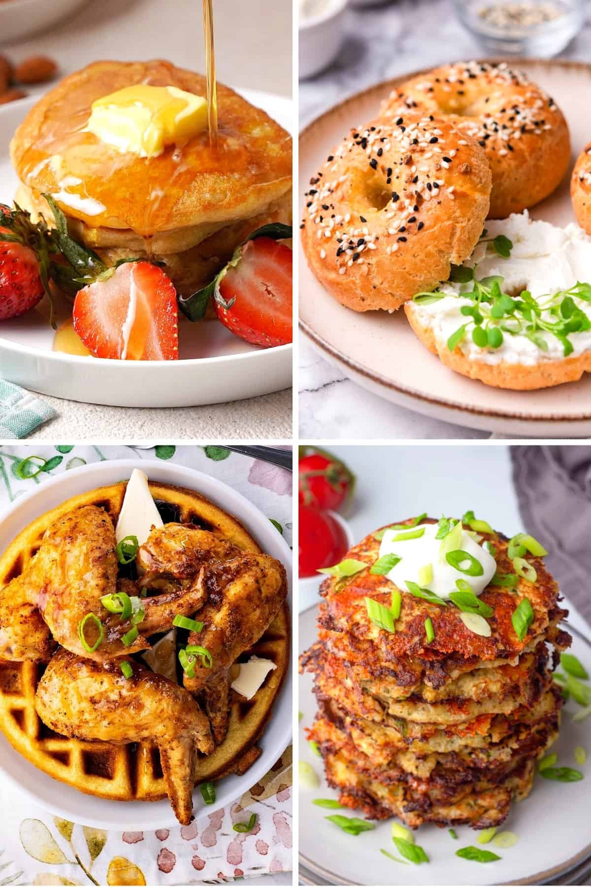 low carb breakfast ideas including keto pancakes, keto bagels, keto chicken and waffles, and cauliflower hash browns