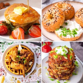 low carb breakfast ideas including keto pancakes, keto bagels, keto chicken and waffles, and cauliflower hash browns