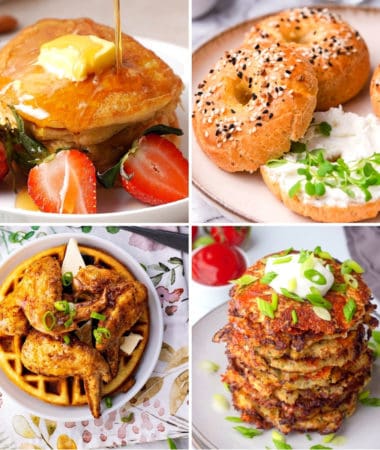 low carb breakfast ideas including keto pancakes, keto bagels, keto chicken and waffles, and cauliflower hash browns