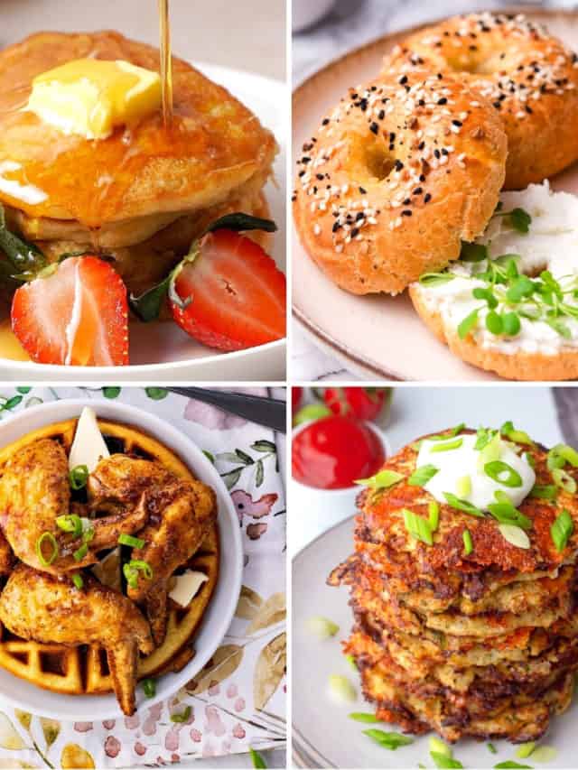 low carb breakfast ideas including keto pancakes, keto bagels, keto chicken and waffles, and cauliflower hash browns