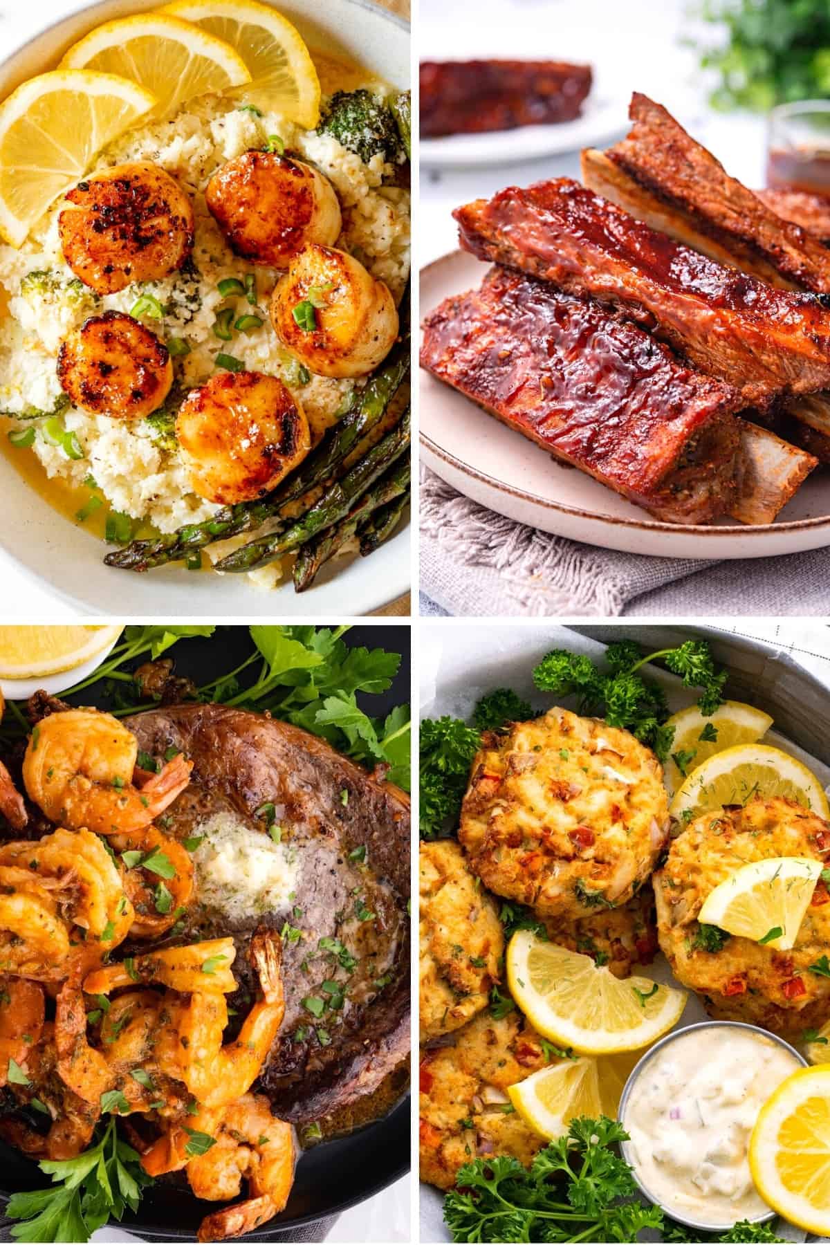 low carb Father's Day recipes like air fryer bbq ribs, scallops and cauliflower rice, air fryer surf and turf and keto crab cakes