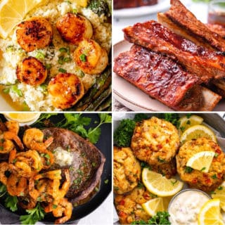 low carb Father's Day recipes like air fryer bbq ribs, scallops and cauliflower rice, air fryer surf and turf and keto crab cakes