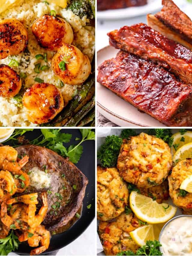 low carb Father's Day recipes like air fryer bbq ribs, scallops and cauliflower rice, air fryer surf and turf and keto crab cakes