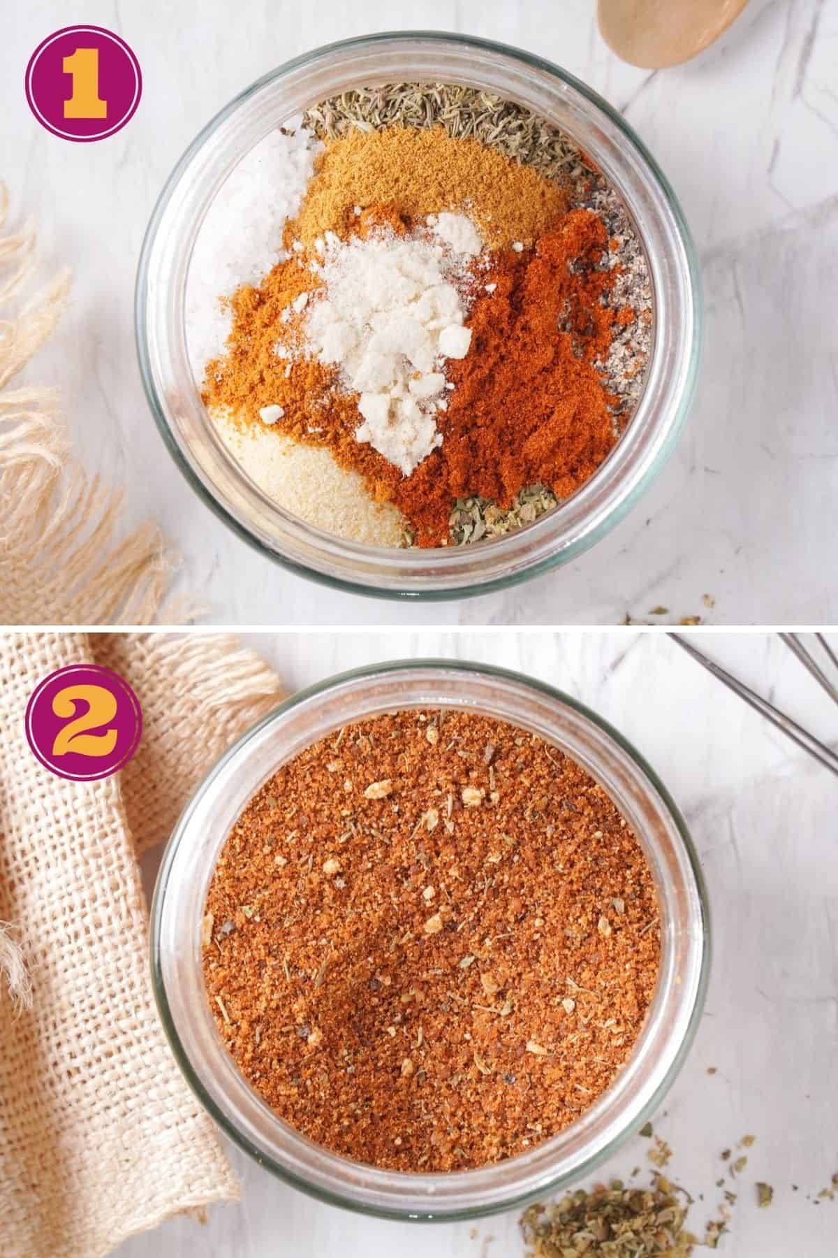 step by step photos for how to make bbq seasoning by placing all of the spices in a glass jar and mixing them