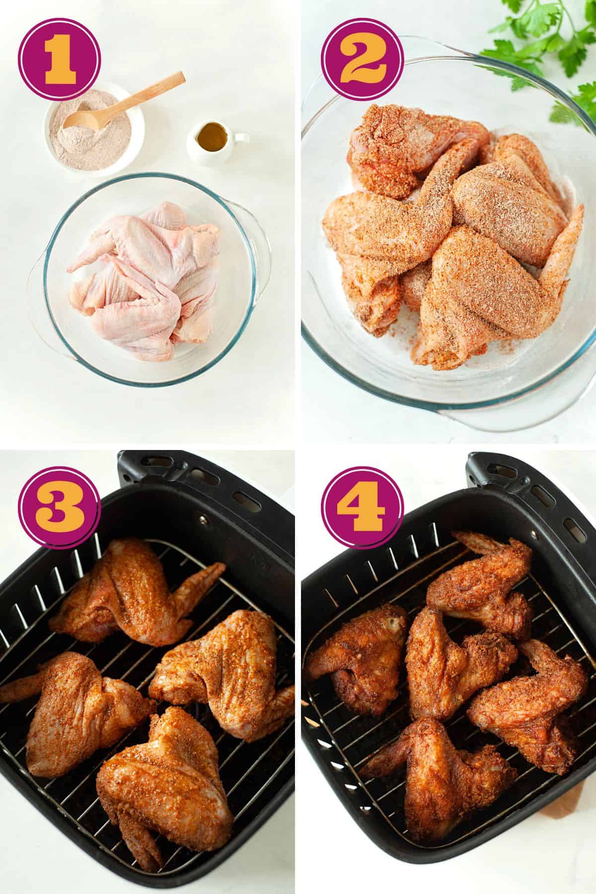 Four numbered pictures: first, a bowl with raw chicken wings, next to a bowl of spice rub and a a jug of olive oil; second, a bowl of raw chicken wings coated in spice rub; third, raw, seasoned chicken wings in the air fryer basket; and fourth, crispy chicken wings in an air fryer basket