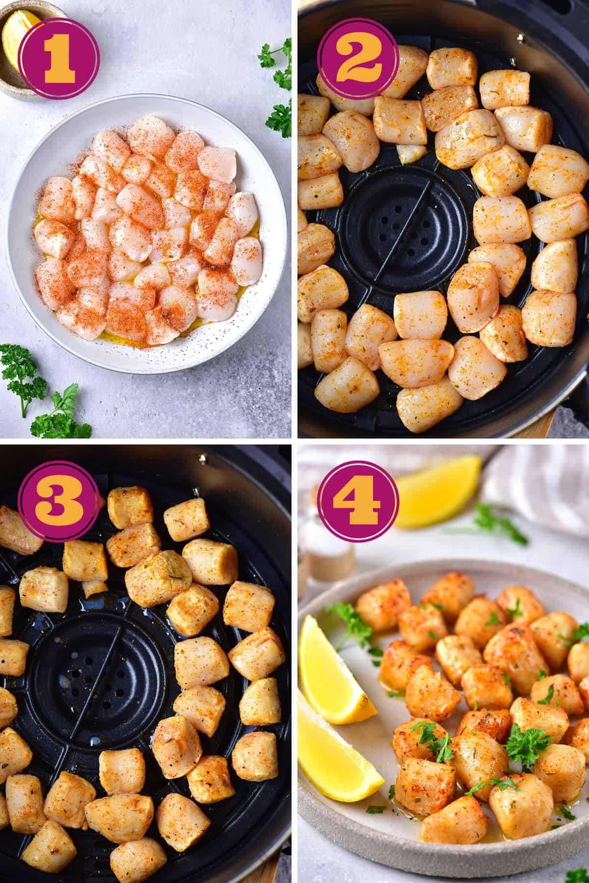 step-by-step instructions for how to cook scallops in an air fryer