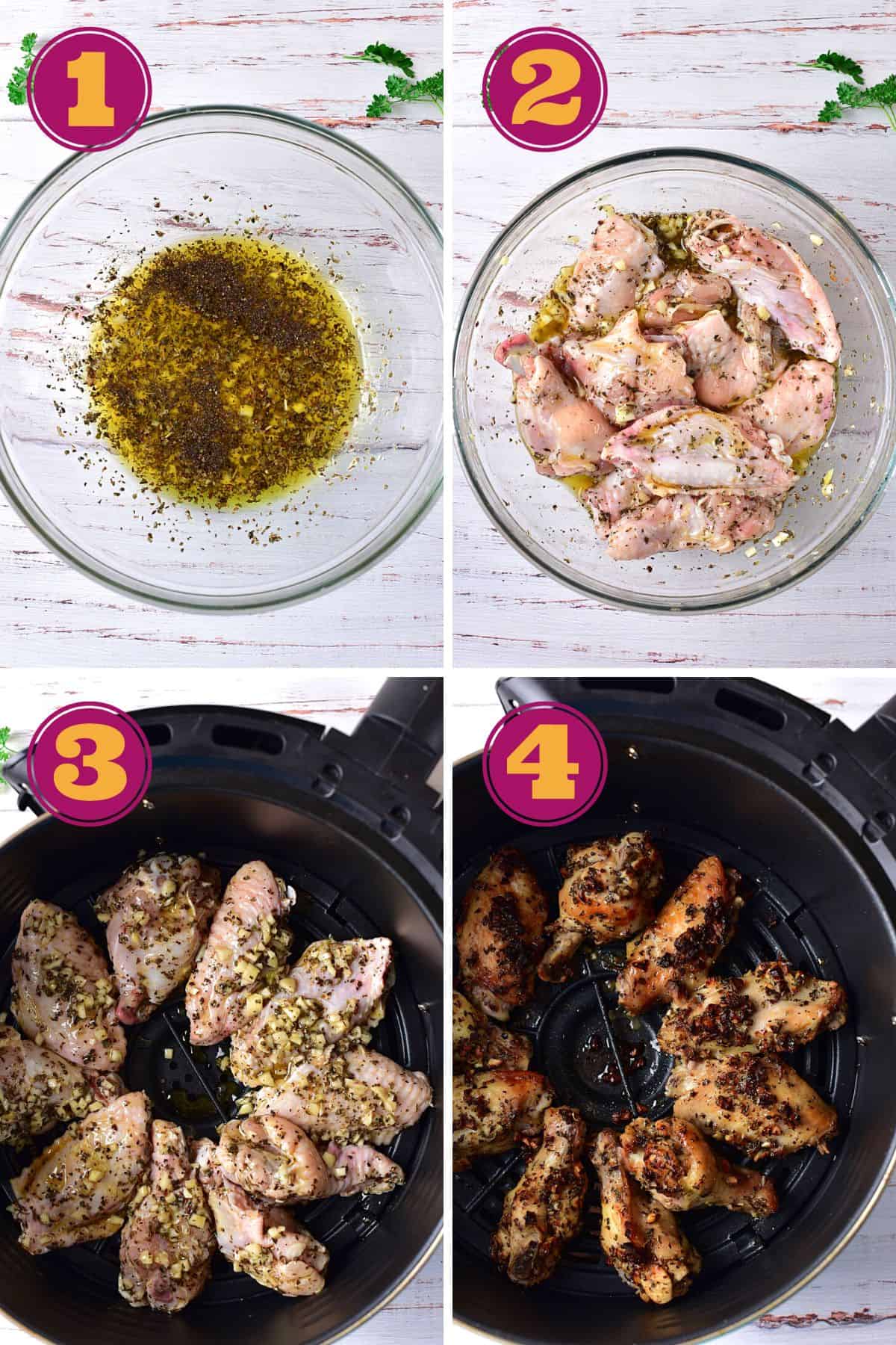 step-by-step instructions for how to cook marinated chicken wings in an air fryer with a homemade chicken wing marinade