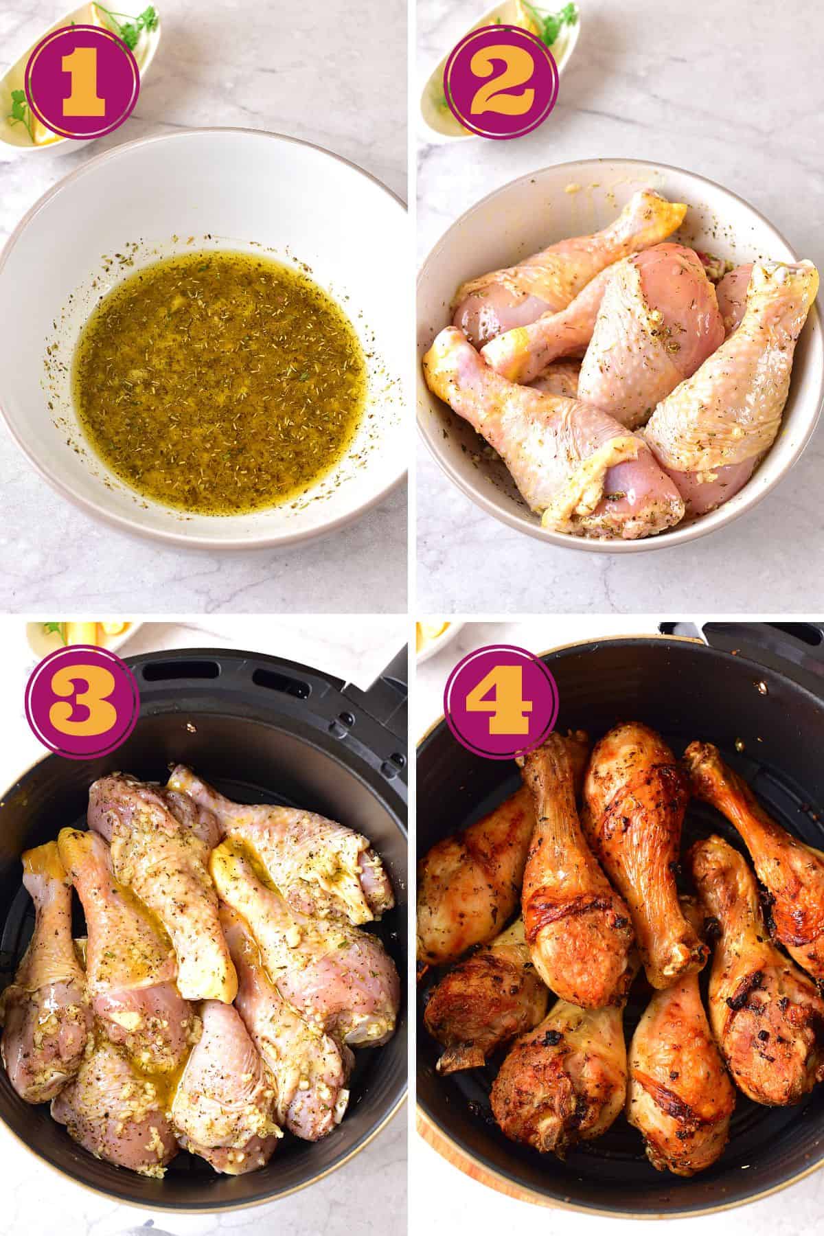 step-by-step instructions for how to make chicken leg marinade, and how to cook marinated chicken drumsticks until they are golden brown with crispy skin in an air fryer