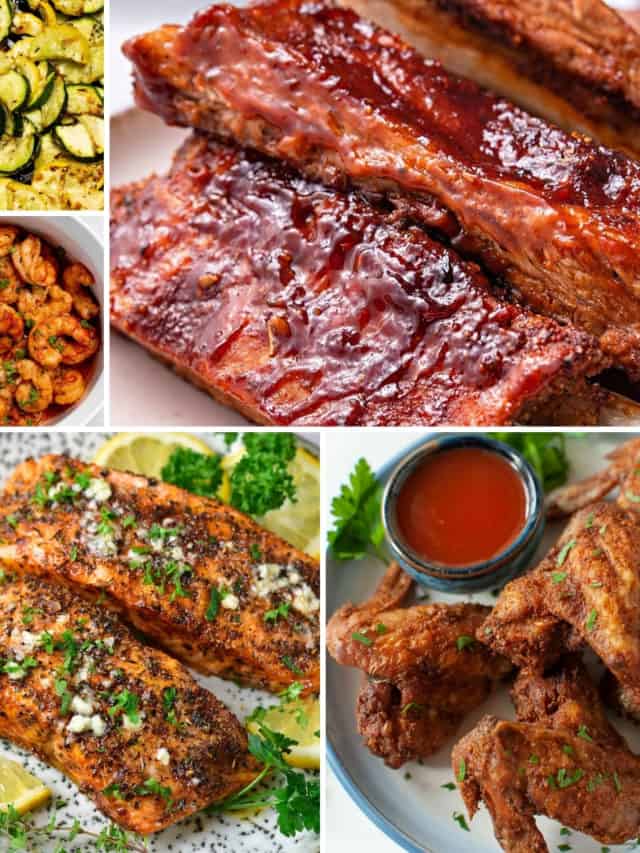 collage of air fryer recipes for beginners like air fryer ribs and air fryer zucchini