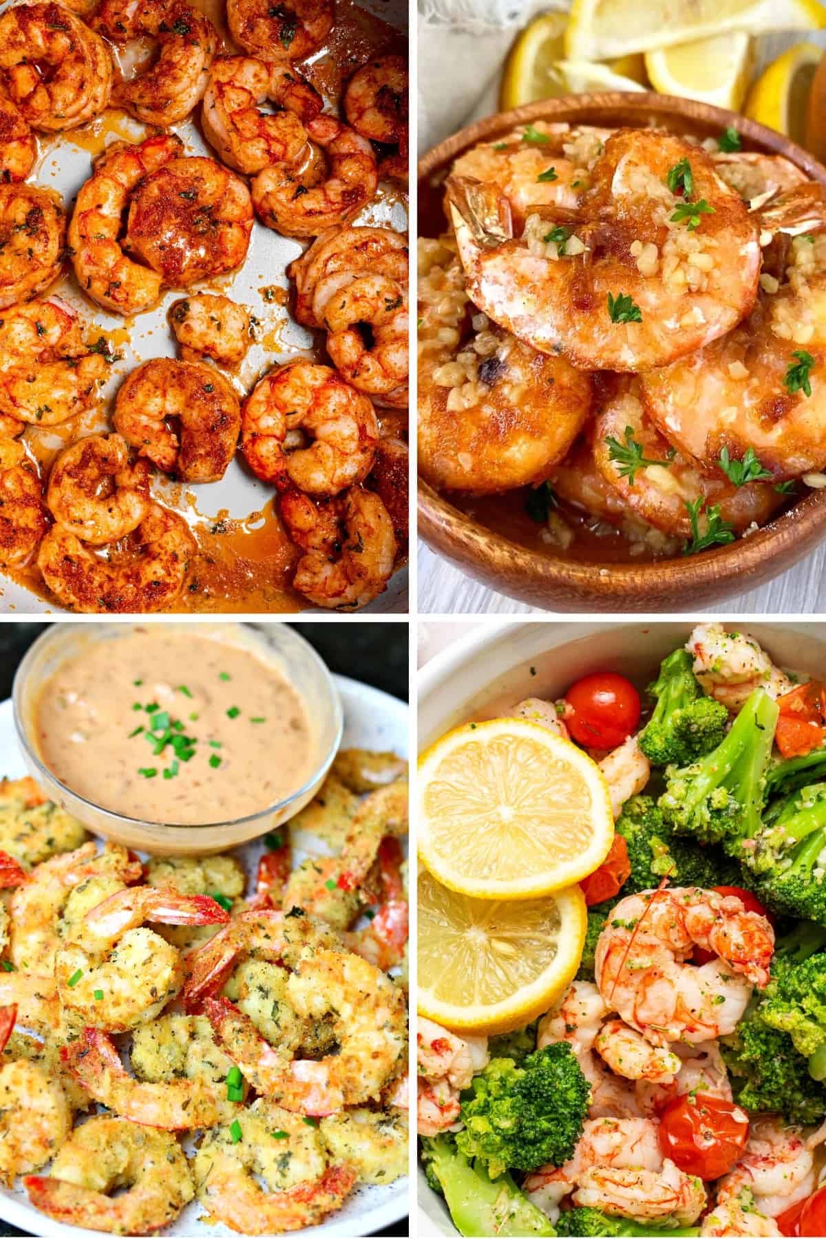 collage of air fryer shrimp recipes for raw, frozen, and cooked shrimp