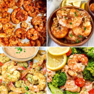 collage of air fryer shrimp recipes for raw, frozen, and cooked shrimp