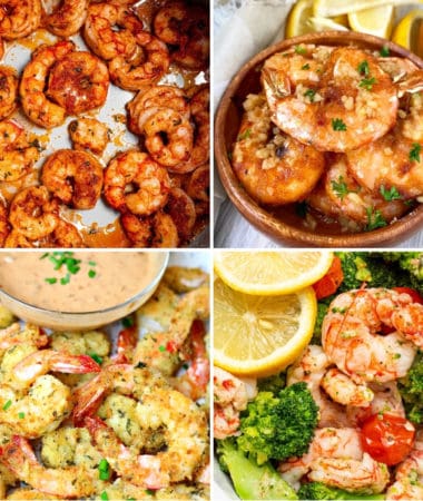 collage of air fryer shrimp recipes for raw, frozen, and cooked shrimp