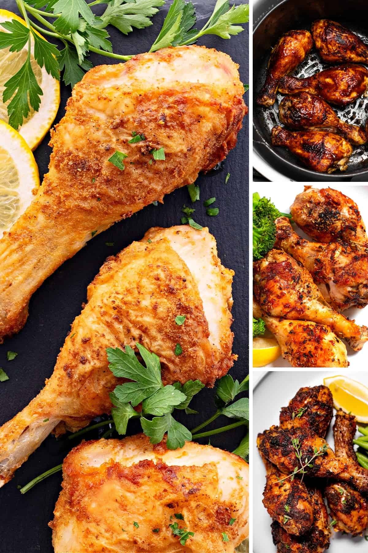 keto chicken leg recipes like crispy air fryer chicken drumsticks, keto bbq chicken legs, and dry rub chicken legs