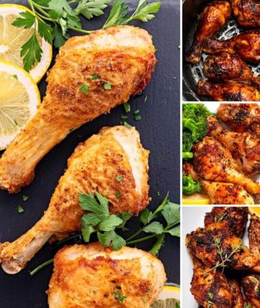 keto chicken leg recipes like crispy air fryer chicken drumsticks, keto bbq chicken legs, and dry rub chicken legs