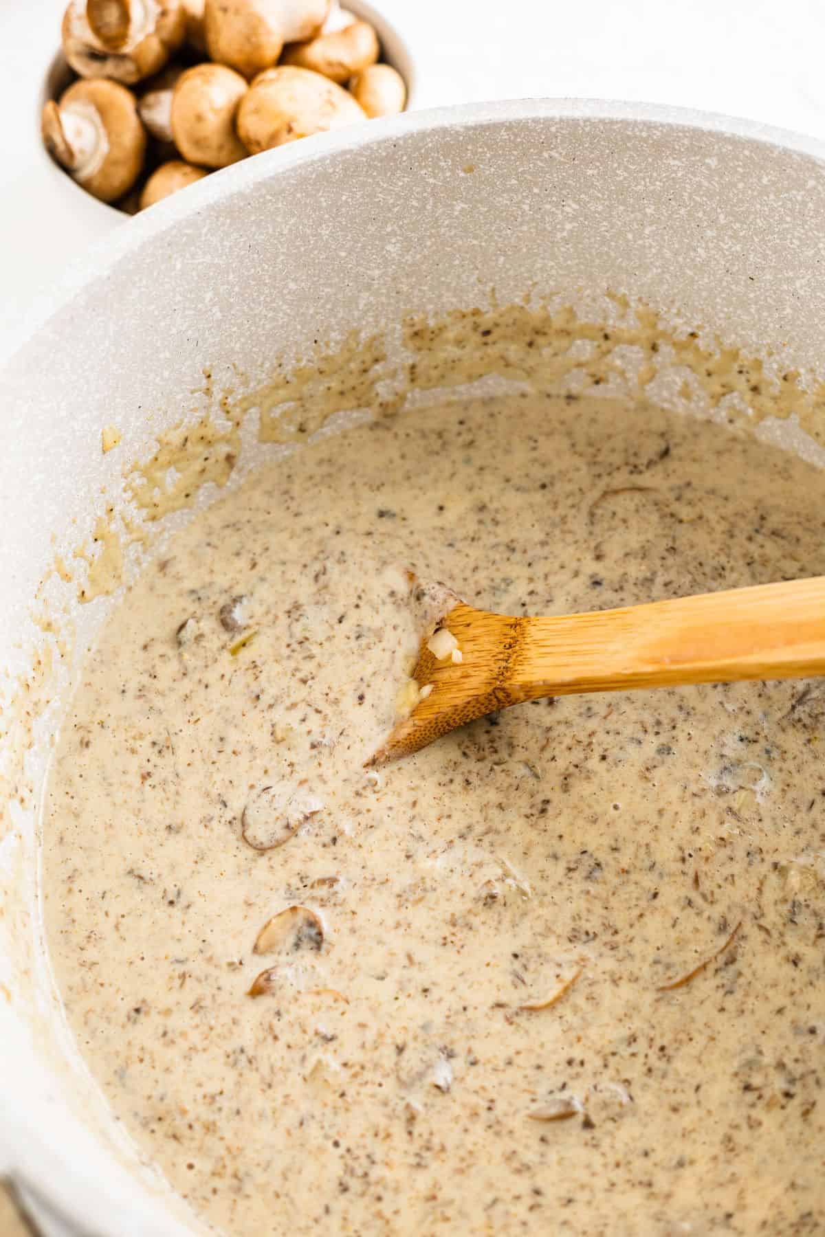 cooking Cream of Mushroom Soup on a pan