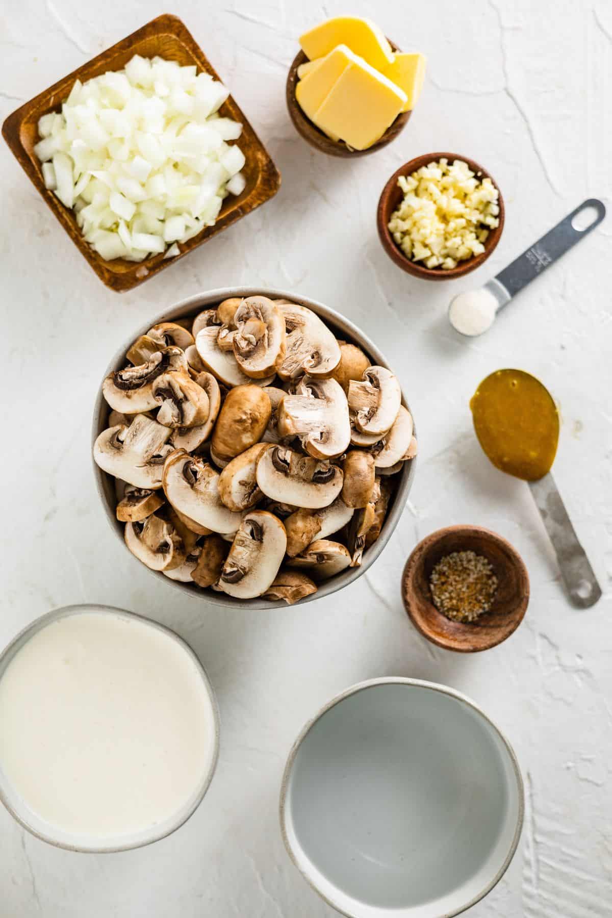 mushroom, butter, garlic, cream. and other spices to make Keto Cream of Mushroom Soup