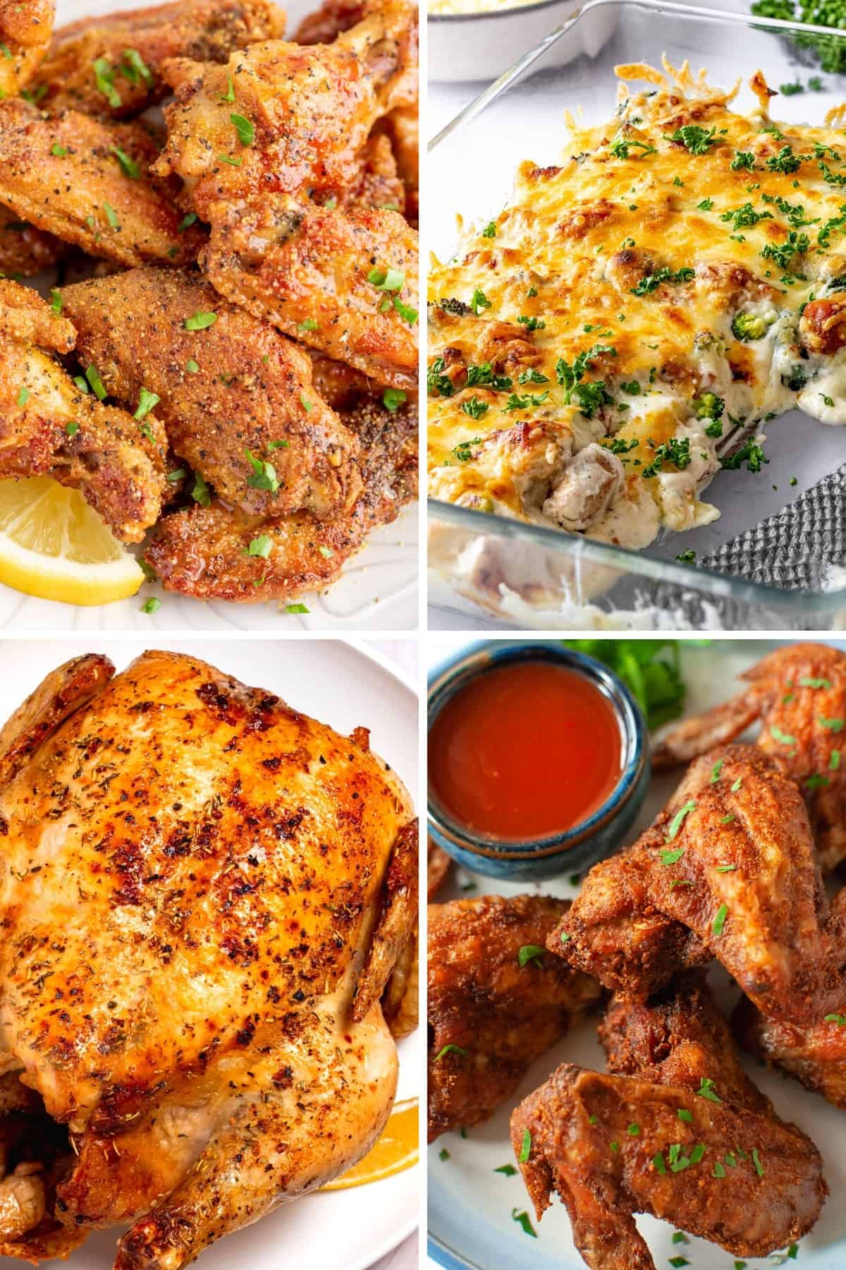 low carb chicken recipes like lemon pepper chicken wings, chicken alfredo bake, air fryer whole roasted chicken, and crispy air fryer wings